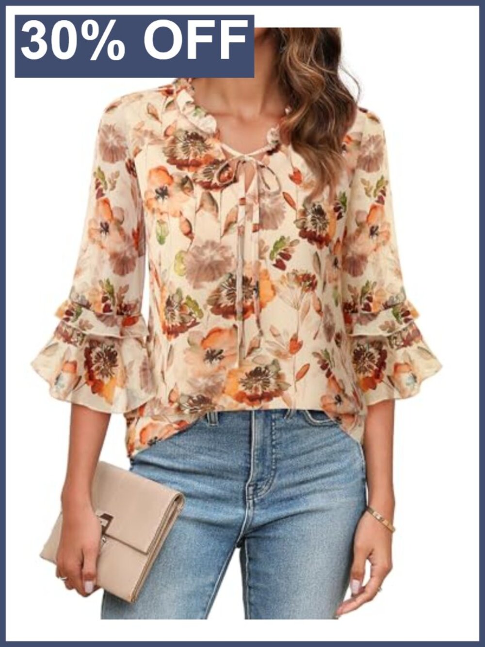 Furnex Women's Pleated V-Neck Chiffon Blouse 3/4 Ruffle Sleeve Work Top